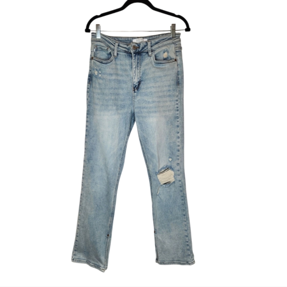 Judy Blue Straight Distressed Light Wash Jeans Ankle Slit Size 9/29